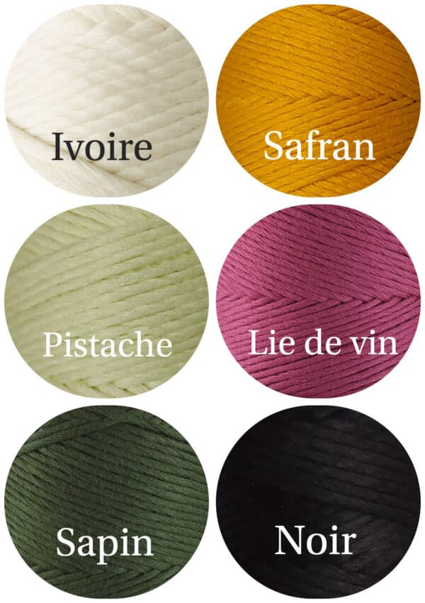 Nuancier couleur fil coton ivoire- safran - pistache- lie de vin - sapin - noir