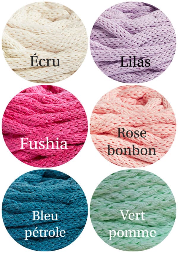 Nuancier fil coton tube, écru, lilas, fushia, rose bonbon, bleu pétrole, vert pomme