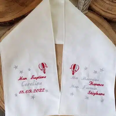 Echarpe lin blanche de baptême brodée à personnaliser, étole, 80cm