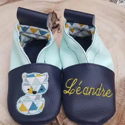 Chaussons souple cuir, simili cuir, bébé / enfant, chausson personnalisé, renard
