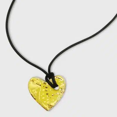 Collier jaune coeur cordon cuir fait main France Corinne Ceramique