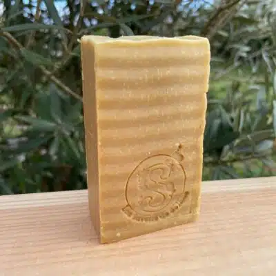 Savon posé sur du bois, devant un petit olivier.