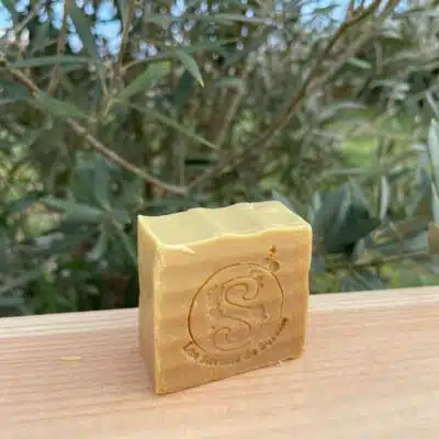 Petit savon posé sur une planche en bois, devant un petit olivier.