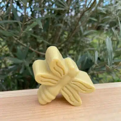 Savon en forme de libellule posé sur une planche en bois, devant un petit olivier.
