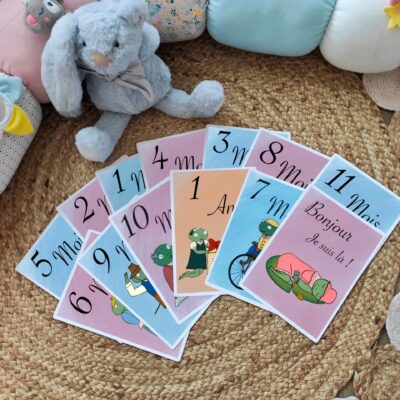 Présentation des 13 cartes étapes de ce jeu de cartes bébé grandit avec Antoinette & Célestin. Il s'agit d'un joli duo de grenouilles