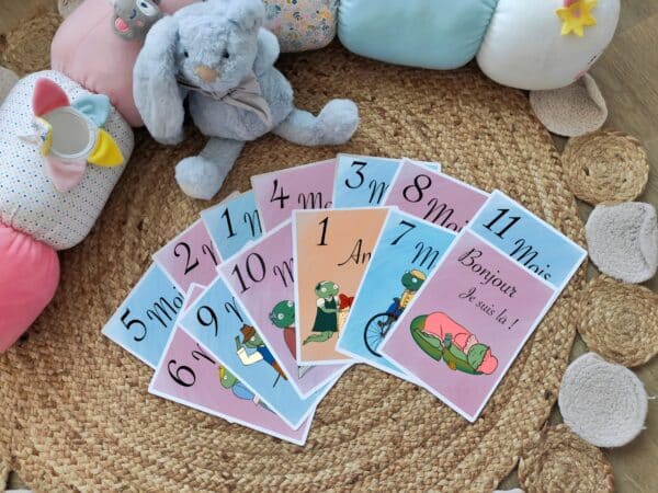 Présentation des 13 cartes étapes de ce jeu de cartes bébé grandit avec Antoinette & Célestin. Il s'agit d'un joli duo de grenouilles