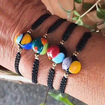 Bracelets femme, ajustables, tissage macramé, perles en verre de "Murano" artisanales