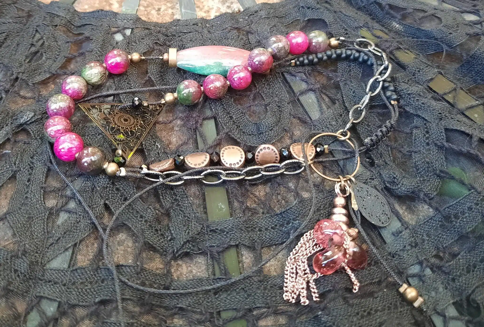 Sautoir chic et moderne, ajustable, perles pierres naturelles jade rose et vert - Lithothérapie – Image 3