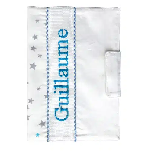protège carnet de santé personnalisable brodé main étoiles gris et turquoise