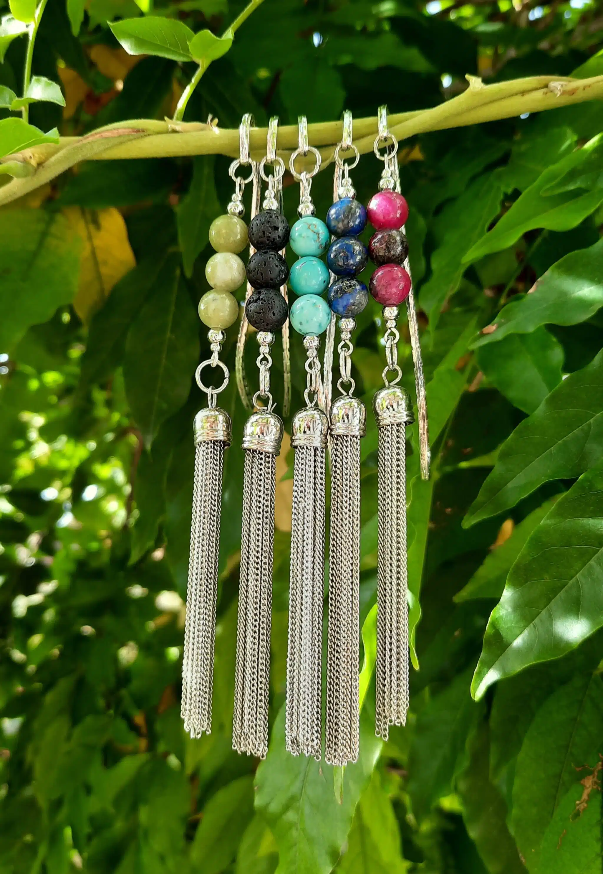 Marque page, Perles pierres naturelles, pompons acier inoxydable, Lithothérapie – Image 3