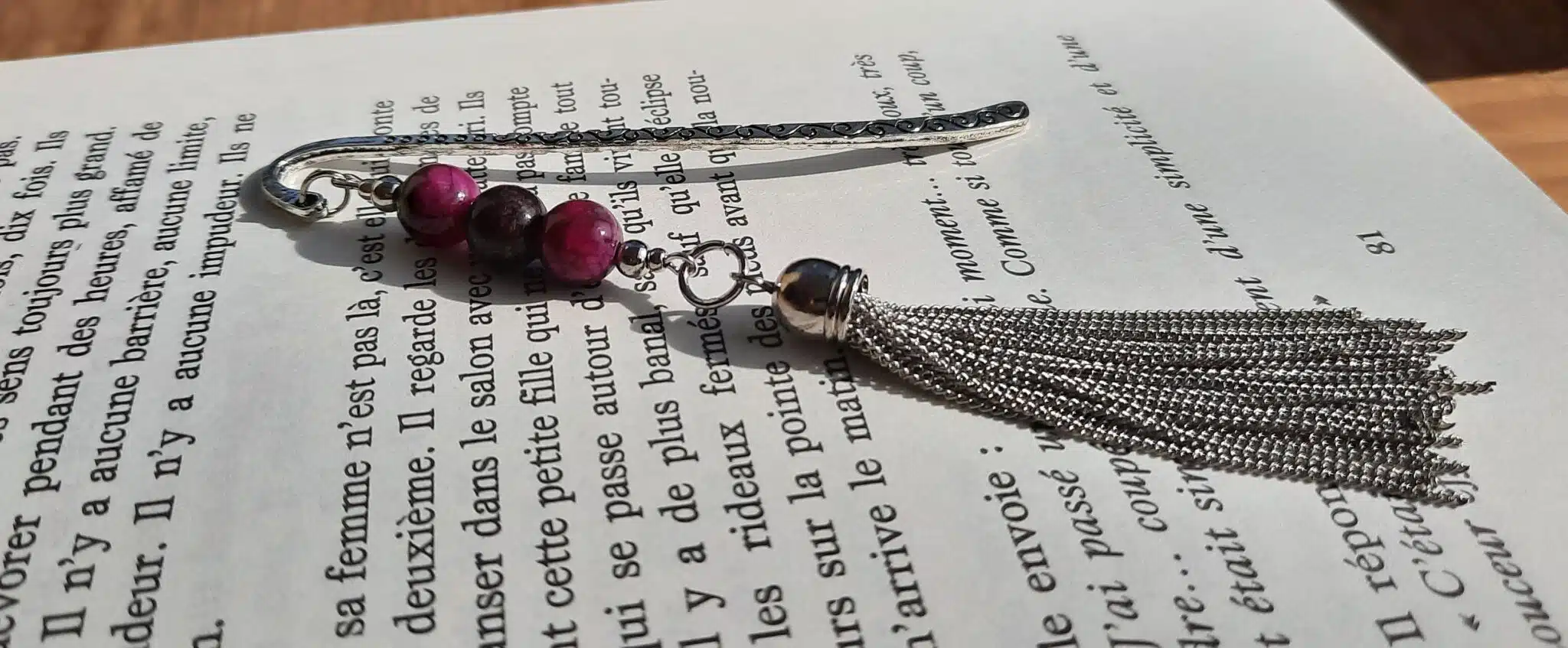 Marque page, Perles pierres naturelles, pompons acier inoxydable, Lithothérapie – Image 10