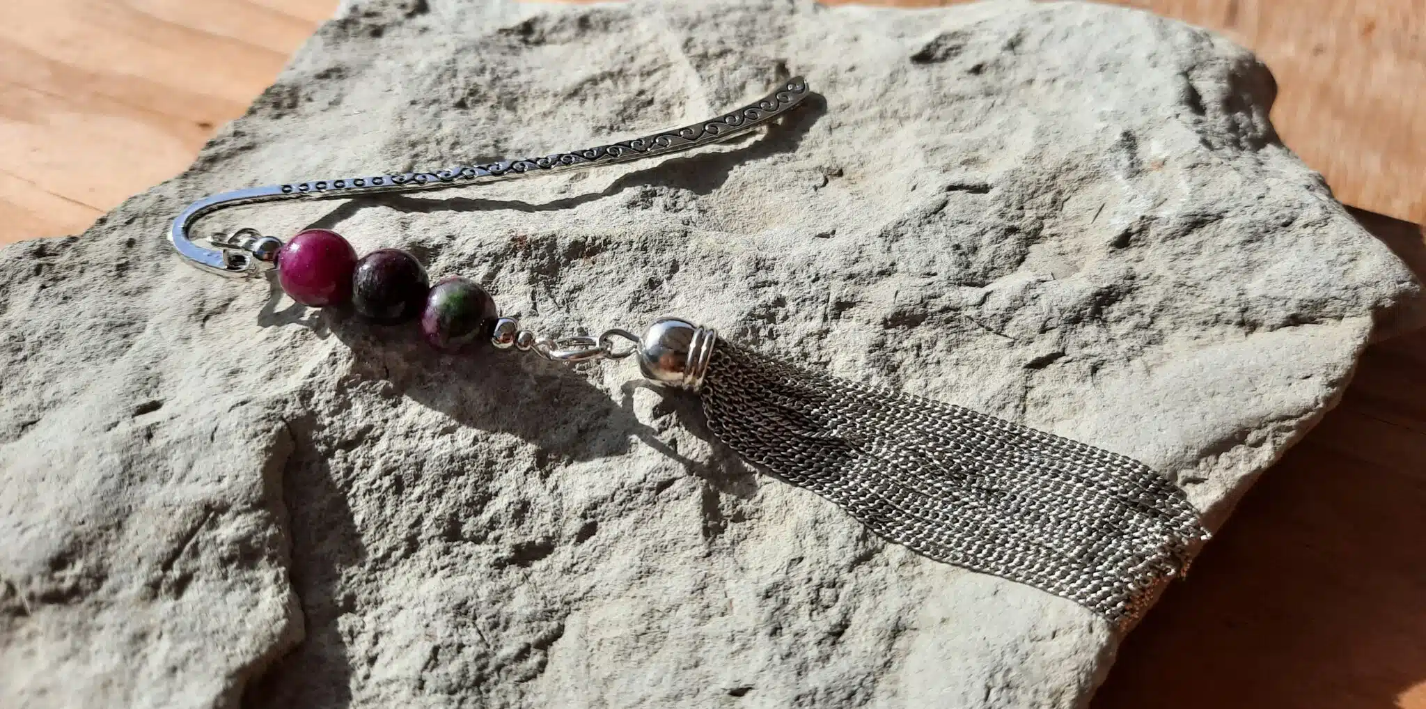 Marque page, Perles pierres naturelles, pompons acier inoxydable, Lithothérapie – Image 11