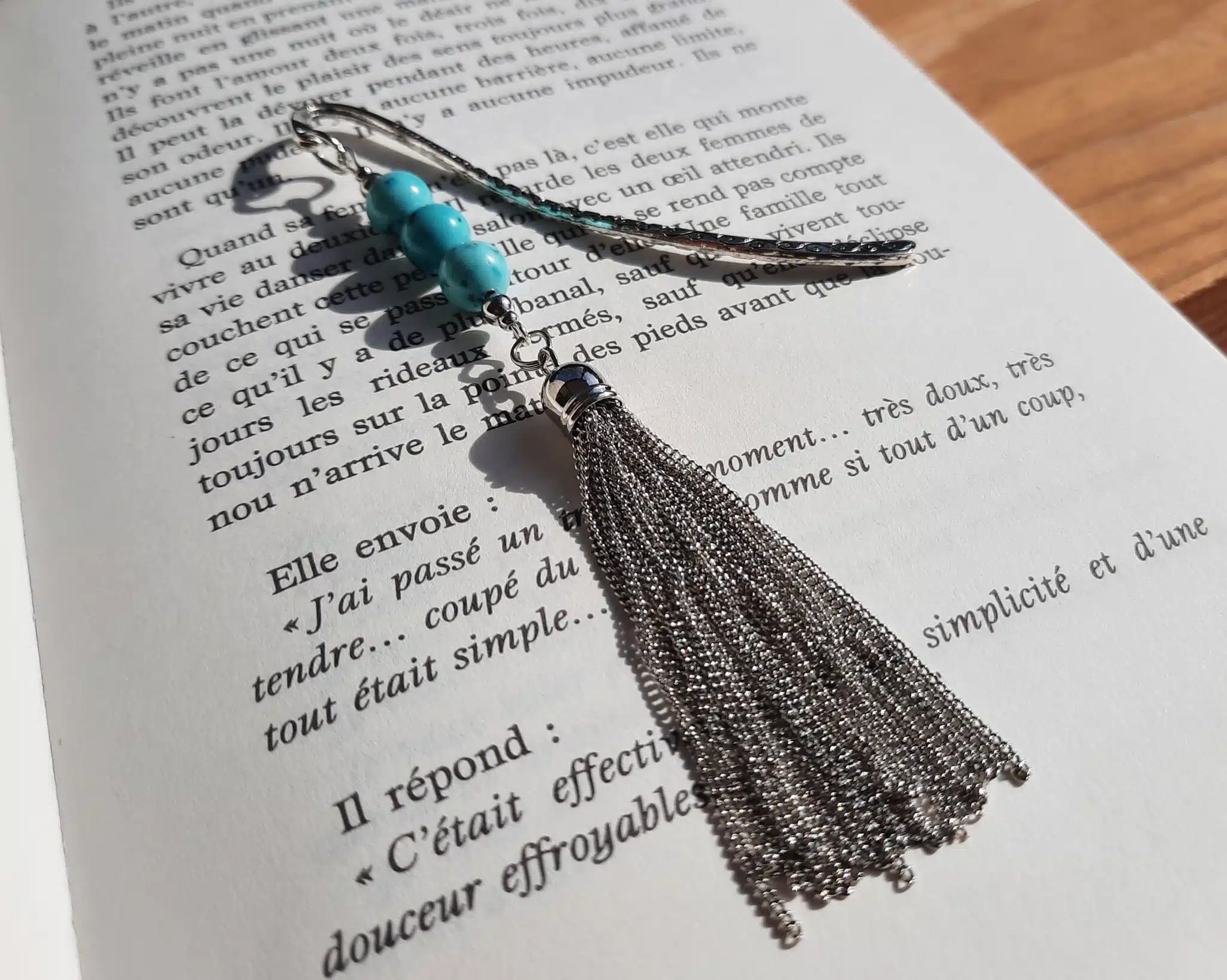 Marque page, Perles pierres naturelles, pompons acier inoxydable, Lithothérapie – Image 5