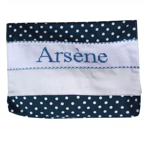 Petite trousse de toilette personnalisable, brodée main bleu marine pois blanc