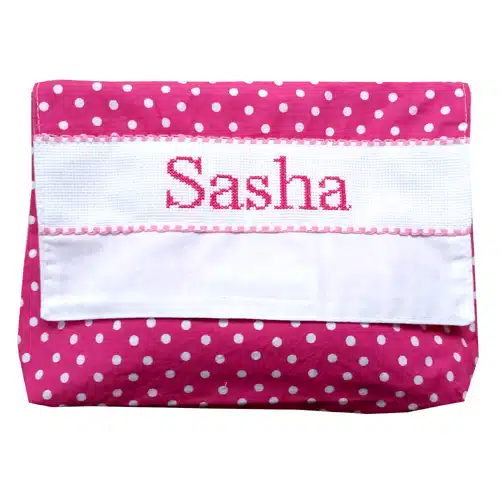 Petite trousse de toilette personnalisable, brodée main rose pois blanc