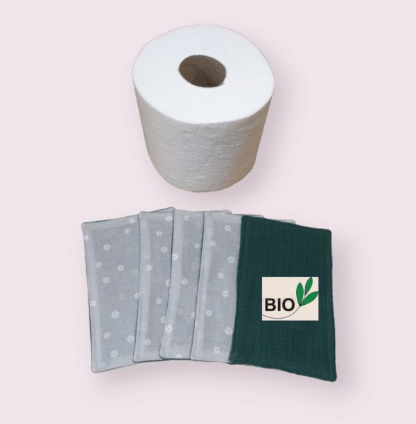 papier toilette BIO lavable, réutilisable en lot de 5 feuilles coton biologique doublé double gaze motif fleuri fond gris