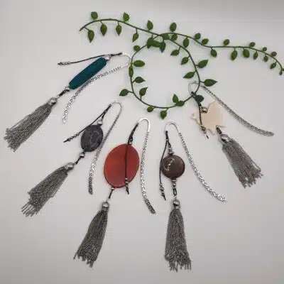 Marque-pages, Pierres fines, Perle de verre, pompons acier inoxydable