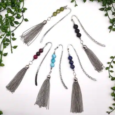 Marque page, Perles pierres naturelles, pompons acier inoxydable, Lithothérapie