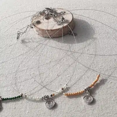 Collier ras du cou, fil câble acier, perles Pierre Naturelles, pendentif "Demi-Lune" Argent 925 et Zirconium, Lithothérapie