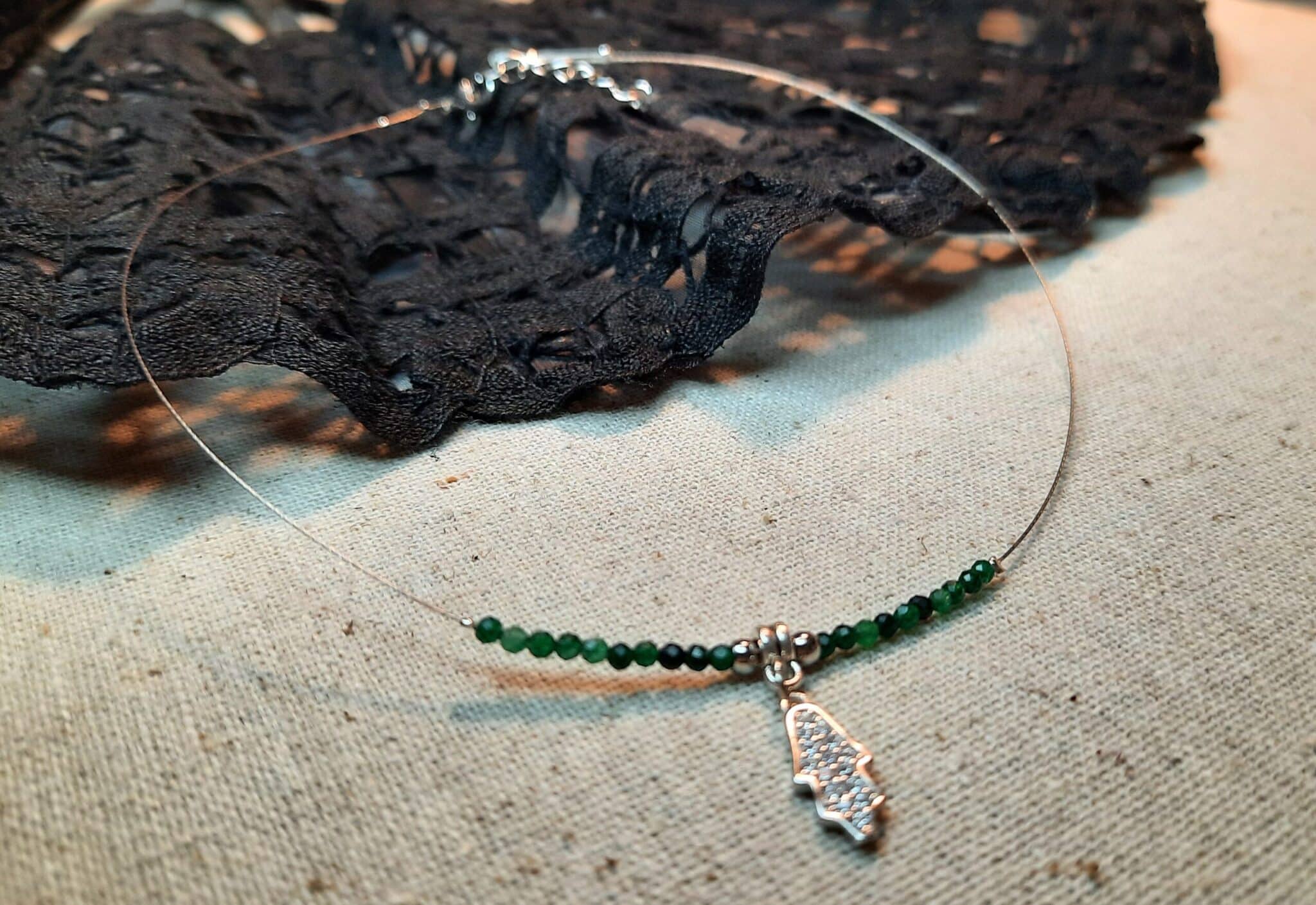 Collier Ras-du-cou Argenté Femme - Pendentif Triple Ovale Pierre Verte Marbrée - Style Vintage Chic, Sans Nickel
