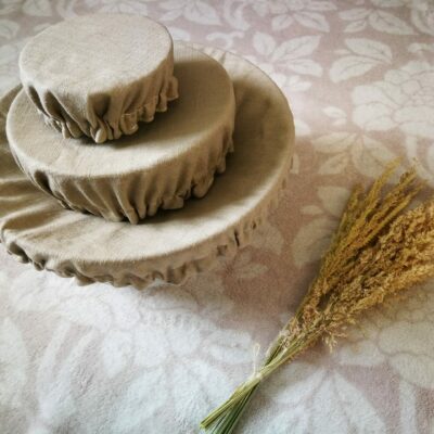 Couvre plat alimentaire lavable en lin beige nature - Lot de 3