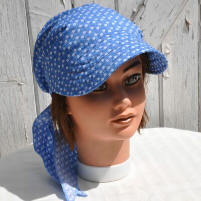 Bandana casquette pour femme, en coton fleuri bleu