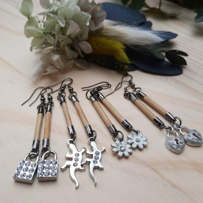Boucles d'oreilles baguettes de bambou recyclées et charme strass/boucles d'oreilles longues pendantes
