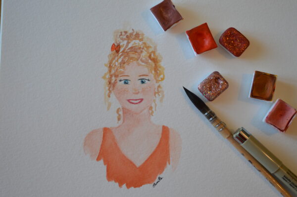 Portrait de femme avec pinceau et godets de peinture