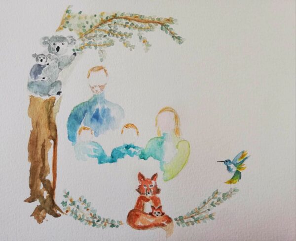 Portrait de famille peinte avec des animaux