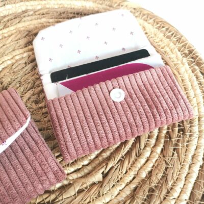 Porte carte de crédit en velours côtelé rose 3 compartiments fermeture par pression