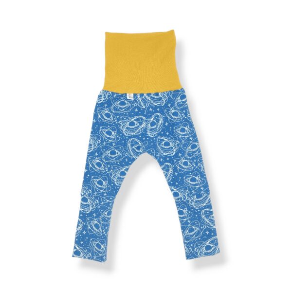 legging évolutif bébé et enfant en jersey bio avec des planètes blanches sur fond bleu