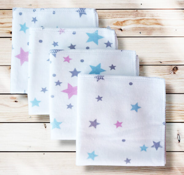 4 mouchoirs en flanelle de coton Bio lavables et réutilisables pour enfant - ETOILES (22 x 22 cm) mouchoir alternatif et durable - hanckies