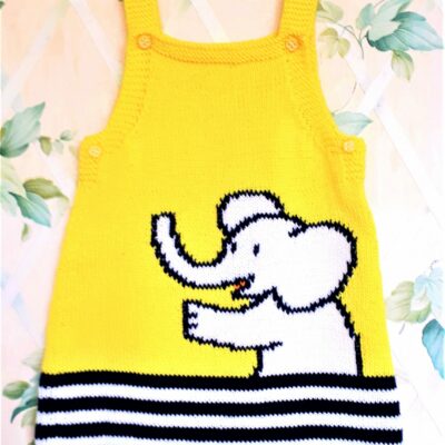 Robe bébé tricot main, en coton, avec un éléphant, taille 1 an