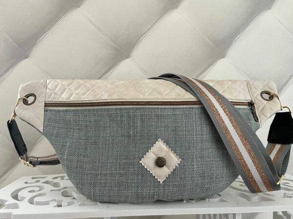 sac banane LeeloA - lin gris/vert - similicuir beige