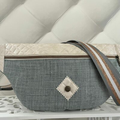sac banane LeeloA - lin gris/vert - similicuir beige