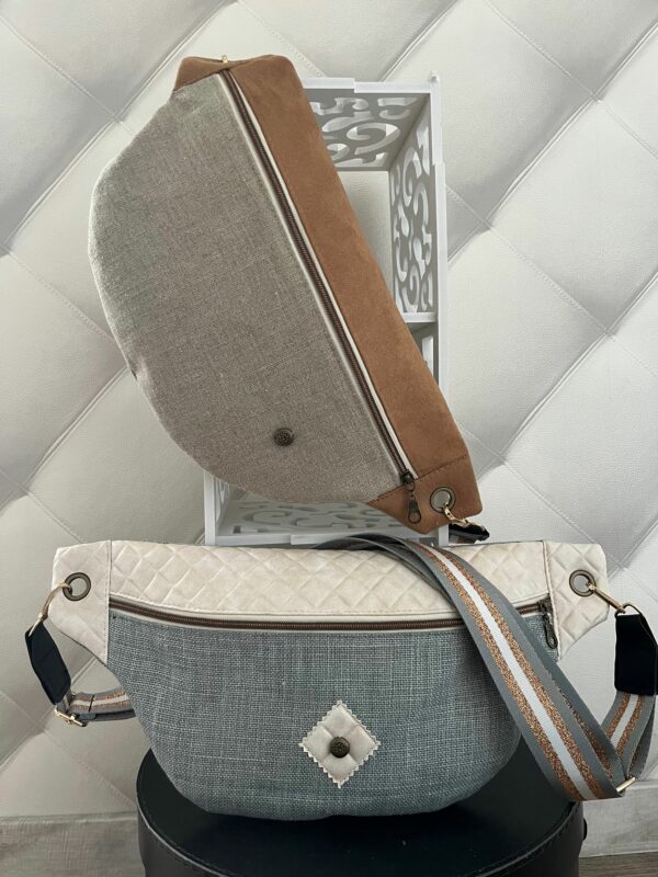 sac banane LeeloA - lin gris/vert - similicuir beige