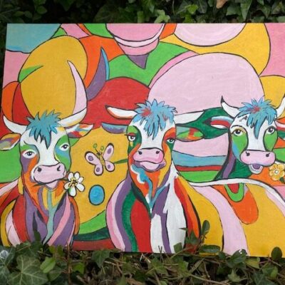 tableau moderne sur bois peint main "les vaches"