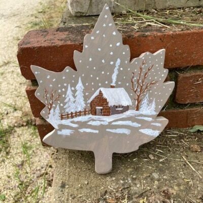 tableau "chalet sous la neige" sur bois