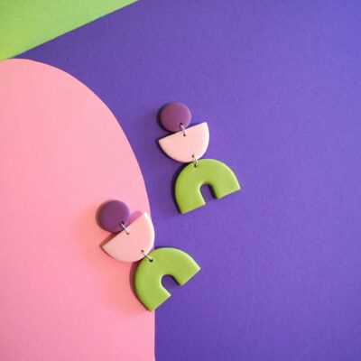 Boucles d'oreilles pâte polymère Sunny - violet lavande, rose pâle & vert