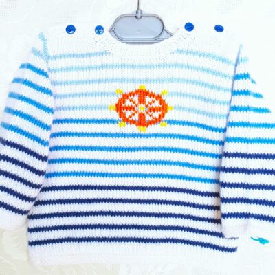 Pull marin bébé, tricot fait main, layette en laine, taille 1 an