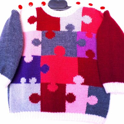 Pull bébé fille, tricot main, style puzzle, taille 1 an