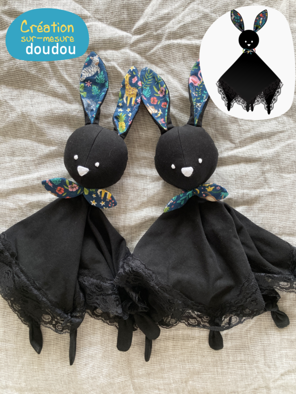 Création doudou sur-mesure lapin dentelle noir