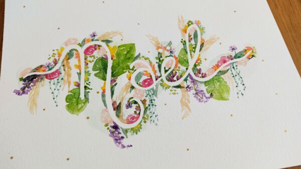 Prénom Nael avec autour des fleurs peintes à l'aquarelle. Dans les tons vers et roses.