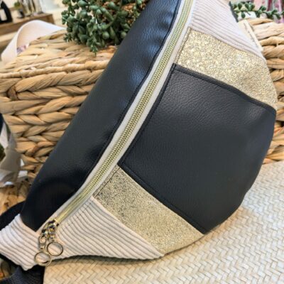 Sac banane en simili cuir noir et doré et velours beige, poche intérieur