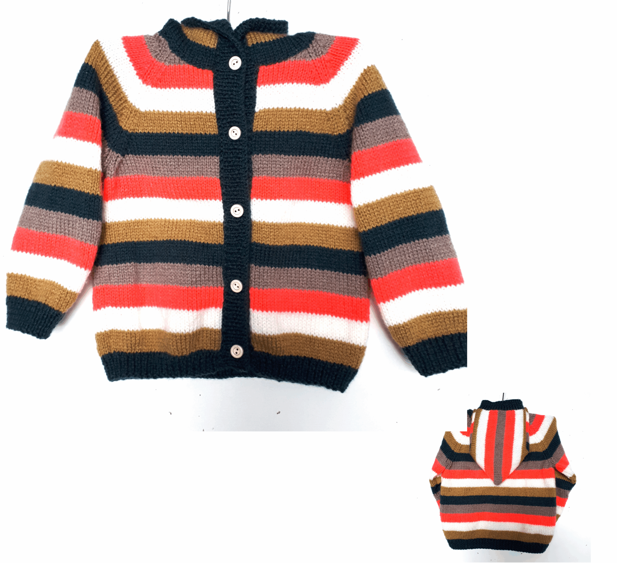 Veste à capuche enfant rayée multicolore, tricot main, Taille 2 ans