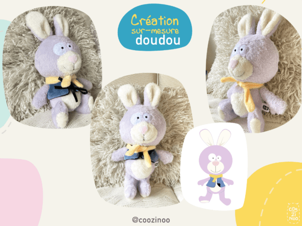 Création doudou lapin violet sur-mesure