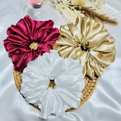 Chouchou Fluffy Violet en satin lot de trois