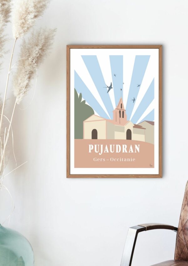 Affiche de l'eglise de pujaudran avec cadre bois