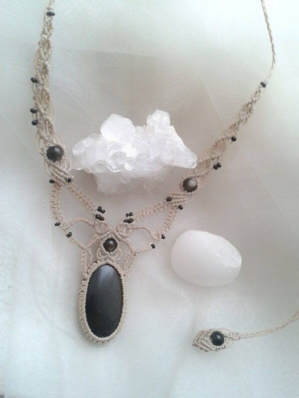 Collier Macramé Obsidienne argent Et Doré- Bijou Artisanal Ajustable,Lithothérapie – Image 2