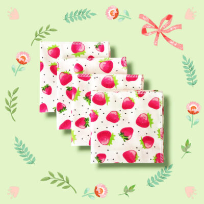 Lot 4 grands mouchoirs en coton lavables et réutilisables FRAISES (25 x 25 cm) Mouchoir alternatif et durable - Hanckies